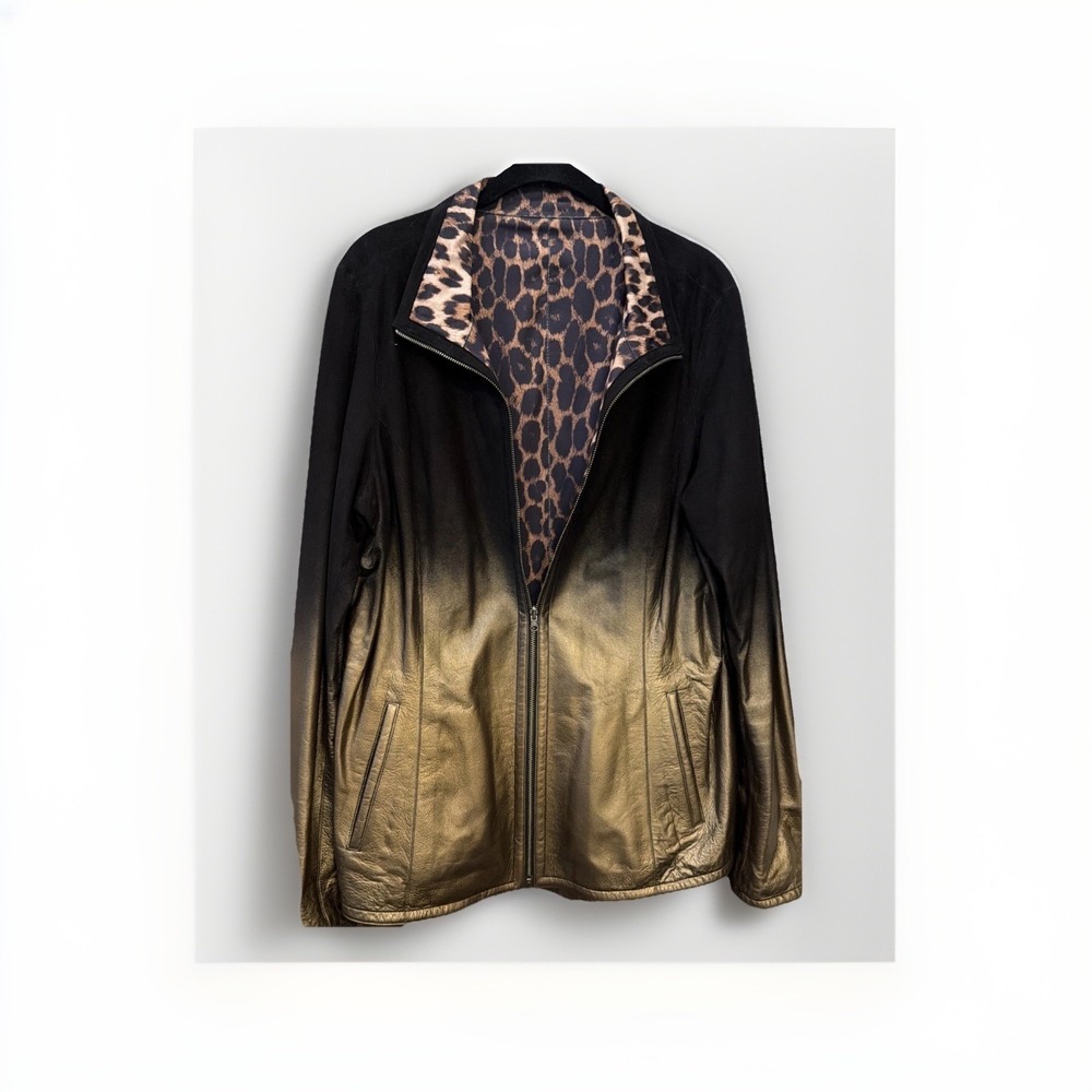 Metallic Ombré Faux Vegan Suede Reversible Leopard Print  Bomber Jacket 1980's L
